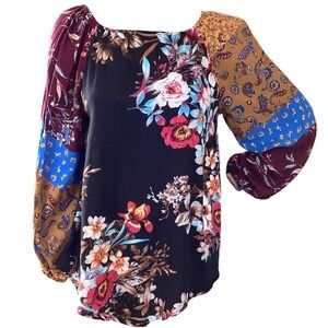 Oddy Mixed Pattern Colorful BOHO Peasant Tunic Top Sz S #311i
